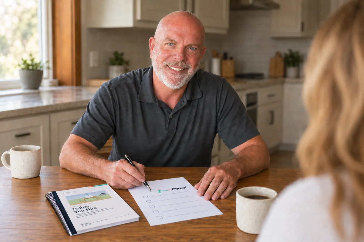 Jason Vogen at a kitchen table with a homeowner, the Before You Hire guidebook and an Informify360 checklist